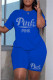 Blue Fashion Casual Letter Hot Drilling Patchwork O Neck Short Sleeve Plus Size Two Pieces