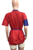 Blue Red Casual Solid Bandage Patchwork Asymmetrical O Neck T-Shirts