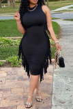 Bare Color Fashion Solid Tassel O Neck Pencil Skirt Dresses