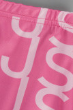 Pink Sexy Print Patchwork V Neck Short Sleeve Two Pieces