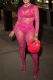 Rose Red Sexy Print See-through Half A Turtleneck Long Sleeve Two Pieces