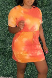 Yellow Casual Print Tie Dye Bandage Patchwork O Neck Straight Dresses