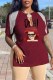 Burgundy Fashion Sexy Character Print Tassel V Neck T-Shirts