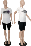 Rose Red Casual Print Letter O Neck Short Sleeve Two Pieces