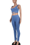 Blue Casual Sportswear Solid Patchwork U Neck Sleeveless Two Pieces