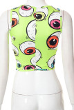 Green Yellow Sexy Street Print Patchwork Asymmetrical Square Collar Tops