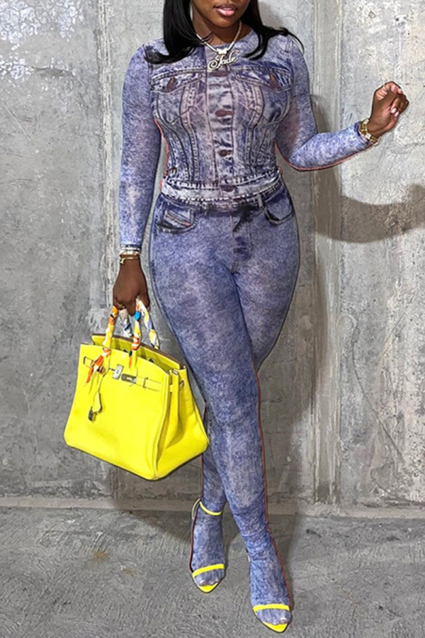 Blue Sexy Print Patchwork O Neck Long Sleeve Two Pieces