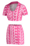 Pink Sexy Print Patchwork V Neck Short Sleeve Two Pieces