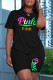 Black Fashion Casual Letter Print Patchwork O Neck Short Sleeve Plus Size Two Pieces