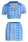 Pink Sexy Print Patchwork V Neck Short Sleeve Two Pieces