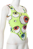 Green Yellow Sexy Street Print Patchwork Asymmetrical Square Collar Tops