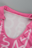 Pink Sexy Print Patchwork V Neck Short Sleeve Two Pieces