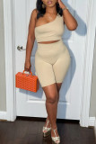 Apricot Sexy Casual Solid Backless Oblique Collar Sleeveless Two Pieces