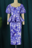 Blue Elegant Print Patchwork Flounce Asymmetrical V Neck One Step Skirt Dresses