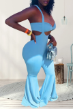 Light Blue Sexy Solid Patchwork Spaghetti Strap Sleeveless Two Pieces