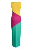 Yellow Fashion Patchwork Slit O Neck Pencil Skirt Dresses