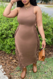 Bare Color Fashion Solid Tassel O Neck Pencil Skirt Dresses