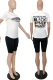 Rose Red Casual Print Letter O Neck Short Sleeve Two Pieces