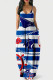 Blue White Fashion Sexy Print Backless Spaghetti Strap Long Dress