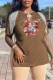 Coffee Fashion Casual Character Print Patchwork V Neck T-Shirts