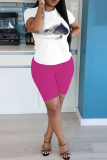 Rose Red Casual Print Letter O Neck Short Sleeve Two Pieces