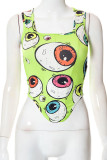 Green Yellow Sexy Street Print Patchwork Asymmetrical Square Collar Tops