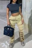 Khaki Casual Solid Ripped Loose High Waist Wide Leg Solid Color Bottoms