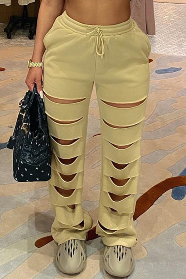 Khaki Casual Solid Ripped Loose High Waist Wide Leg Solid Color Bottoms