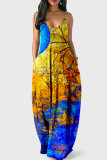 Ink Green Fashion Sexy Print Backless Spaghetti Strap Long Dress
