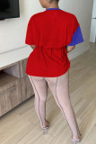 Blue Red Casual Solid Bandage Patchwork Asymmetrical O Neck T-Shirts