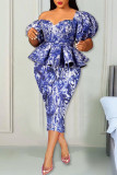 Blue Elegant Print Patchwork Flounce Asymmetrical V Neck One Step Skirt Dresses