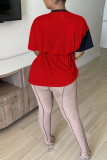 Blue Red Casual Solid Bandage Patchwork Asymmetrical O Neck T-Shirts