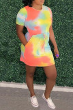 Yellow Casual Print Tie Dye Bandage Patchwork O Neck Straight Dresses