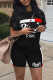 Black Casual Print Patchwork O Neck Short Sleeve Two Pieces