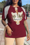 Coffee Fashion Casual Print Tassel Patchwork V Neck T-Shirts