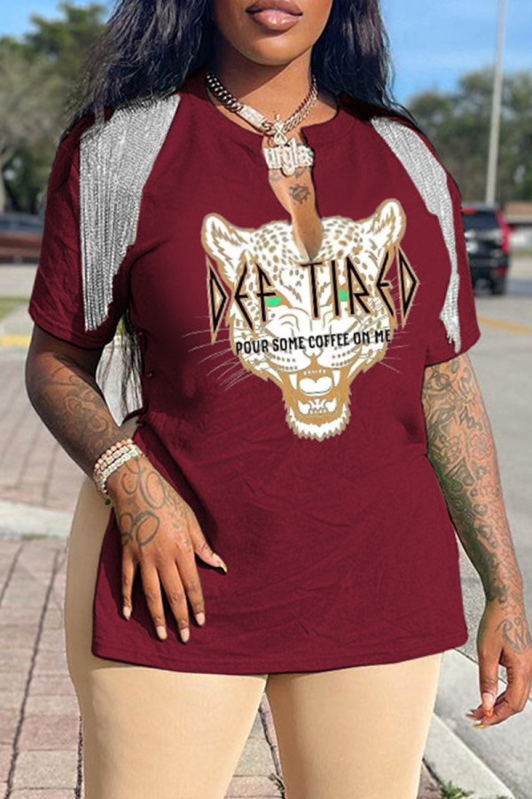 Burgundy Fashion Casual Print Tassel Patchwork V Neck T-Shirts