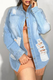 Light Blue Fashion Casual Solid Ripped Turndown Collar Long Sleeve Regular Denim Jacket