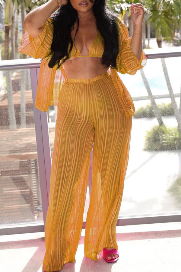 Yellow Sexy Solid Patchwork Buckle Fold Turndown Collar Long Sleeve Three Pieces