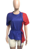 Blue Red Casual Solid Bandage Patchwork Asymmetrical O Neck T-Shirts