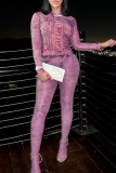 Pink Sexy Print Patchwork O Neck Long Sleeve Two Pieces