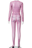 Pink Sexy Print Patchwork O Neck Long Sleeve Two Pieces