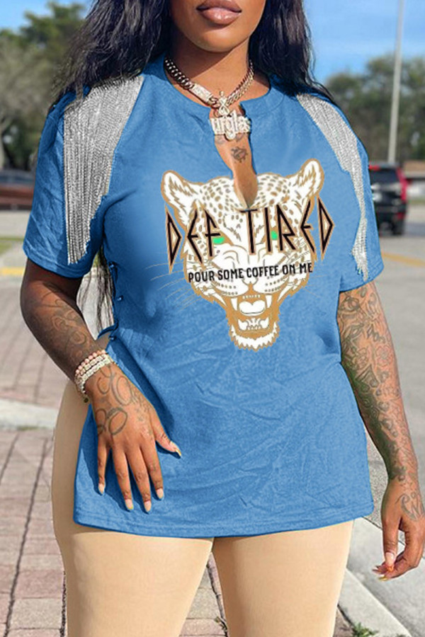 Blue Fashion Casual Print Tassel Patchwork V Neck T-Shirts