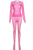 Rose Red Sexy Print See-through Half A Turtleneck Long Sleeve Two Pieces