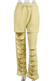 Khaki Casual Solid Ripped Loose High Waist Wide Leg Solid Color Bottoms