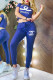 Blue Fashion Casual Print Letter O Neck Short Sleeve Two Pieces