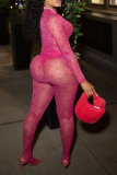 Rose Red Sexy Print See-through Half A Turtleneck Long Sleeve Two Pieces
