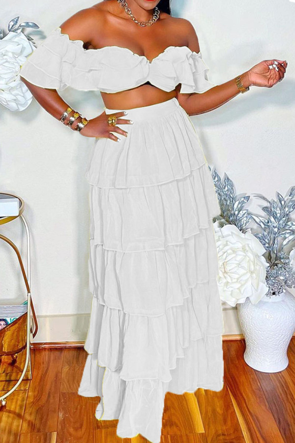 White Sexy Solid Patchwork Flounce Fold Off the Shoulder Short Sleeve Two Pieces