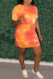 Yellow Casual Print Tie Dye Bandage Patchwork O Neck Straight Dresses