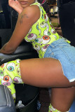 Green Yellow Sexy Street Print Patchwork Asymmetrical Square Collar Tops