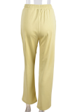 Khaki Casual Solid Ripped Loose High Waist Wide Leg Solid Color Bottoms